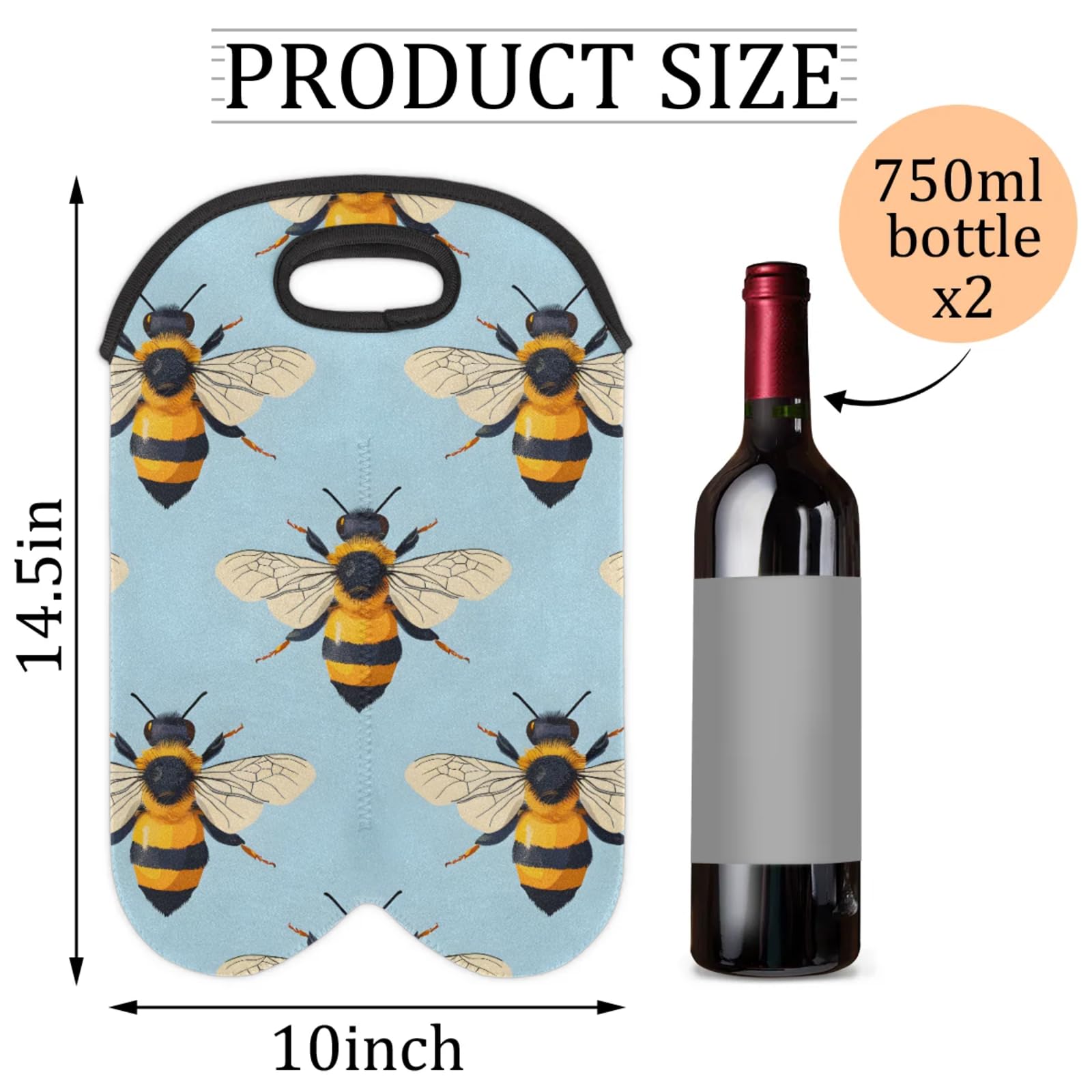 GzLeyigou 2 Bottles Bee Wine Bag Sleeve Totes Neoprene Protective Wine Carrier Bag for Wine,Water, Champagne, Beer, Baby Bottles,Gift 14.5 x 10 Inches