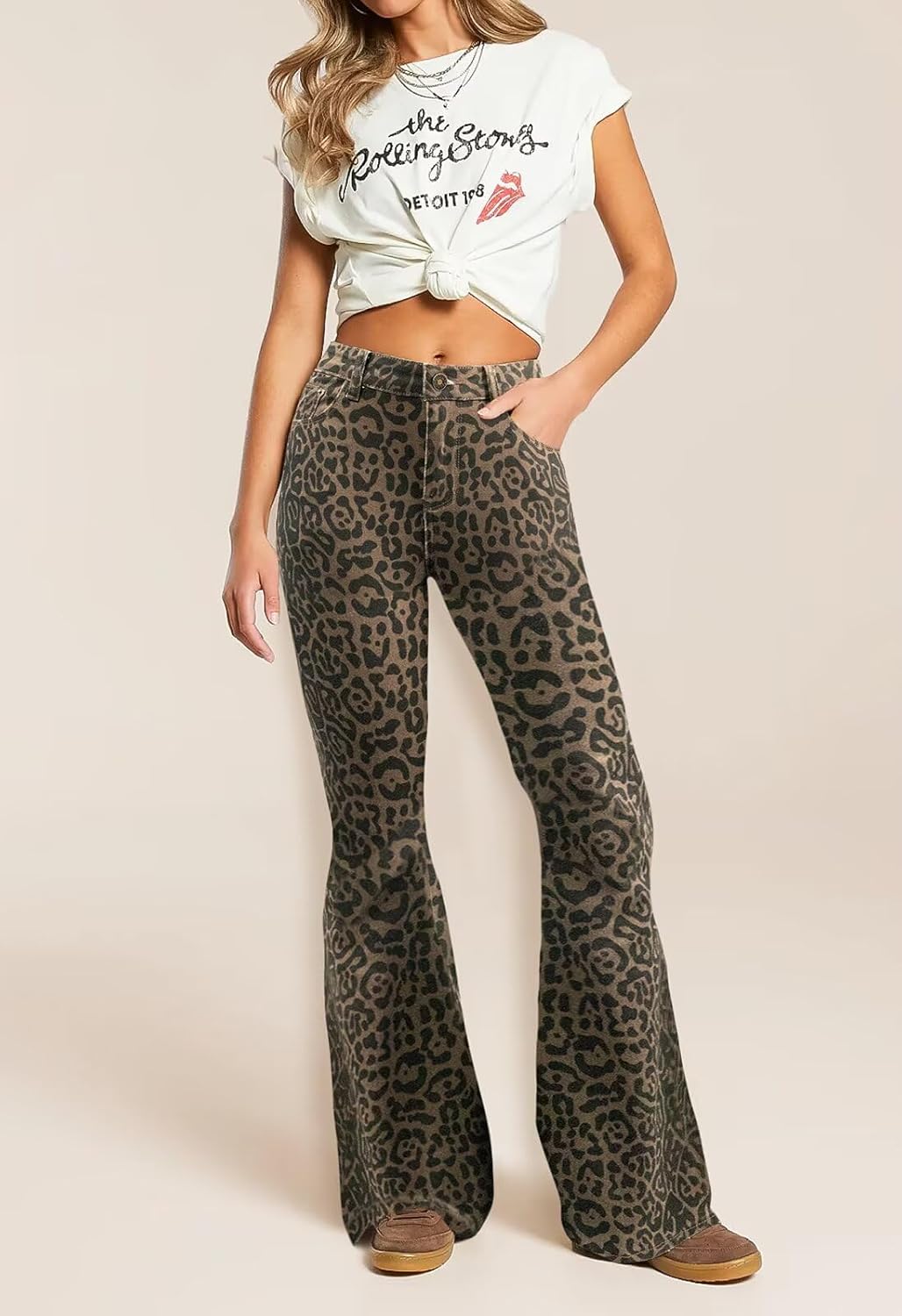 KDF Women's Leopard Jeans Cheetah Print Jeans for Women High Waist Bell Bottom Trendy Nashville Animal Print Flare Pants - Image 2