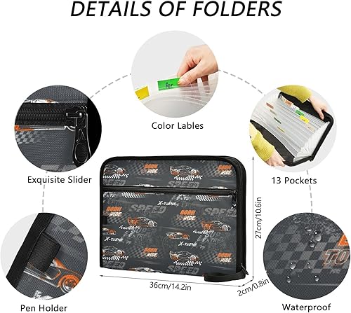 Miniatura 4 de Carpeta de archivos expandible para autos deportivos con 13 bolsillos, tamaño A4, poliéster, polipropileno