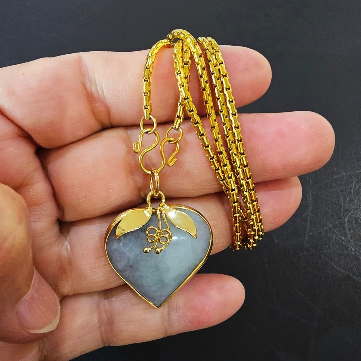 Jade Heart Pendant Necklace with Premium Gold Chain – Natural Lucky Jade Amulet for Protection, Love & Prosperity + Velvet Gift Pouch