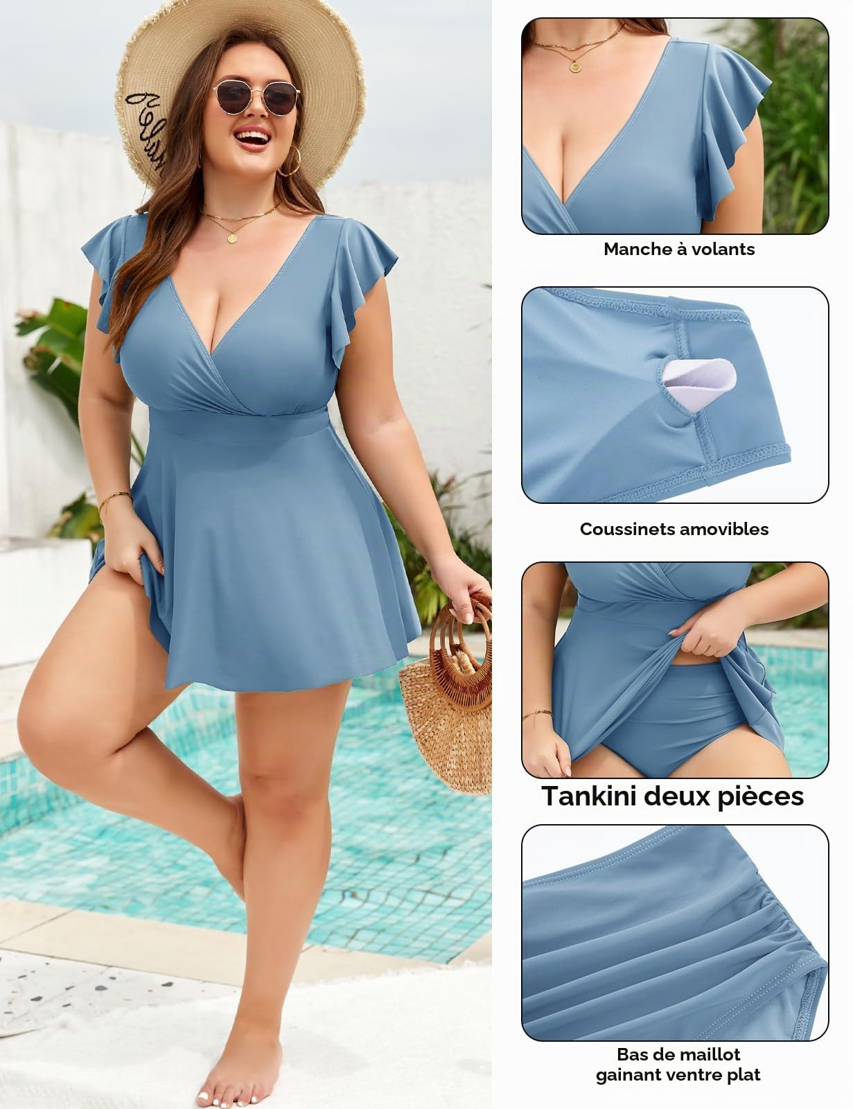 Nadeer Tankini Grande Taille Maillot de Bain Femme 2 Pièces à Manches Volants Taille Haute Gainant Ventre Plat Sexy Maillot de Plag avec Jupe