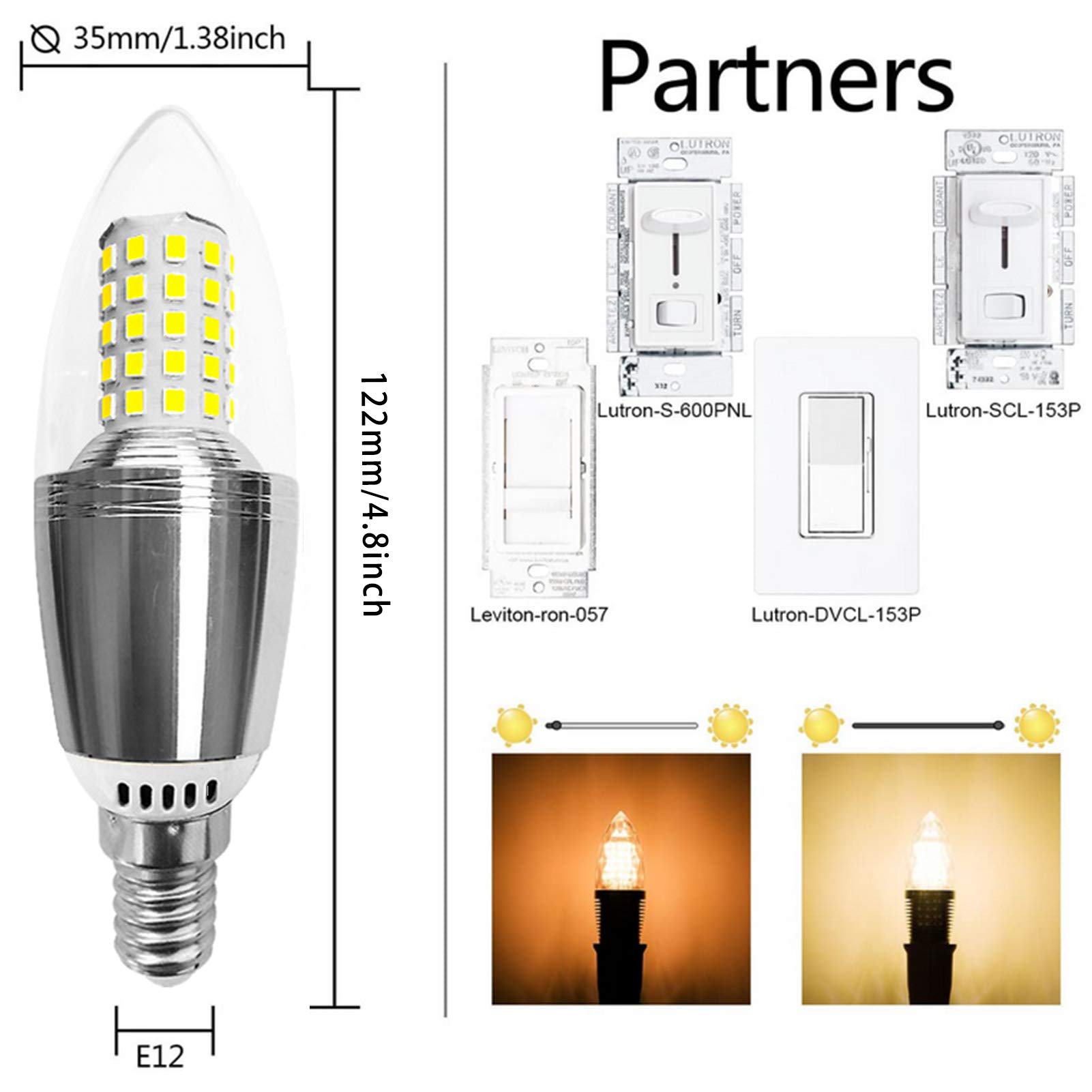 Lampadina LED dimmerabile 12 W, forma a siluro Lampadina a candelabro mais bianco caldo/bianco freddo 360 gradi; Lampadine a candela LED SMD 2835 con angolo del fascio luminoso, attacco E12, confezio