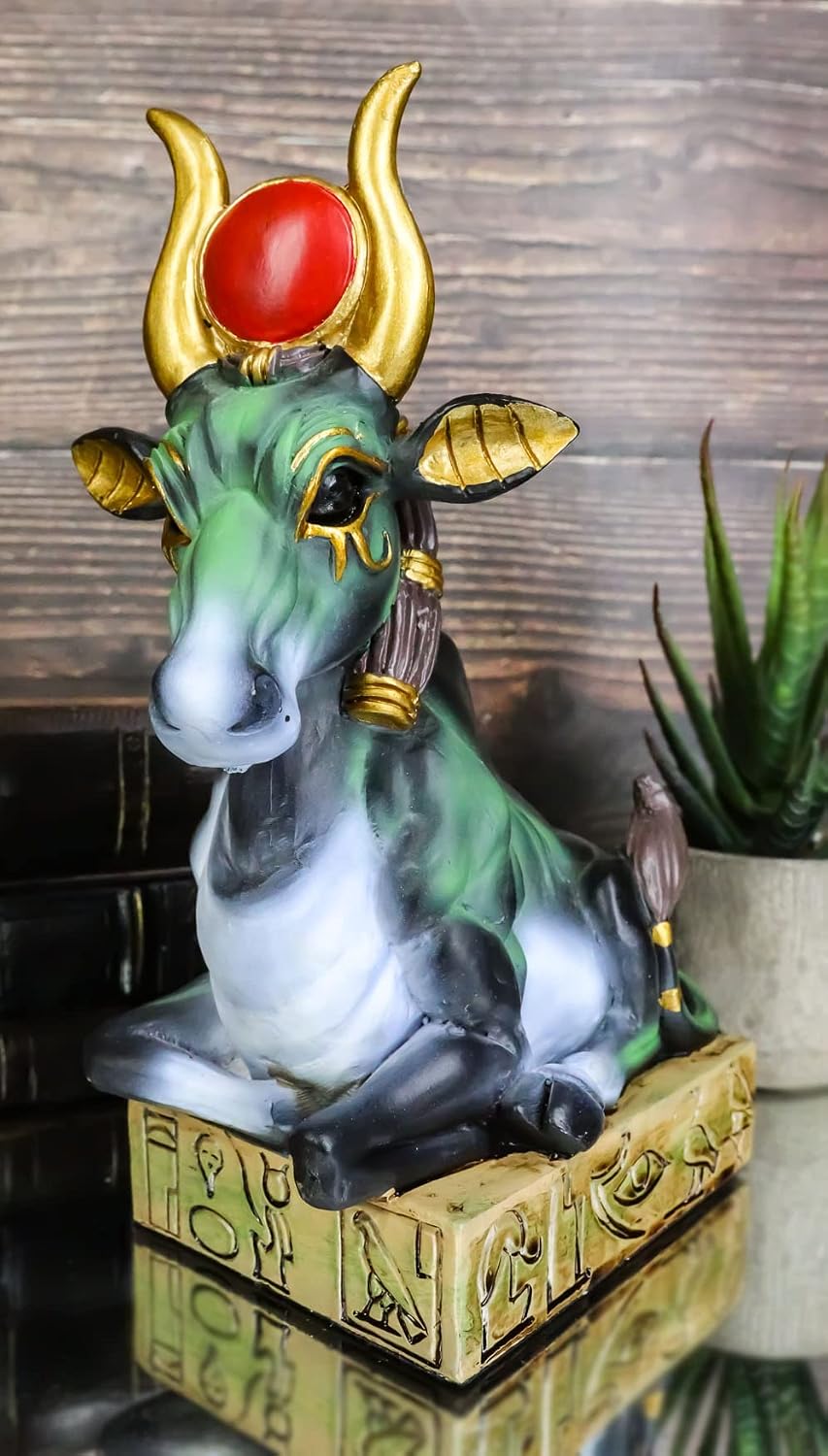 Ebros Gift Egyptian Goddess of Love Hathor Ra Cow Sitting On Hieroglyphic Base Figurine 7" Tall Ancient Deities Gods and Goddesses of Egypt Collectible Figurine Historical Educative Sculpture