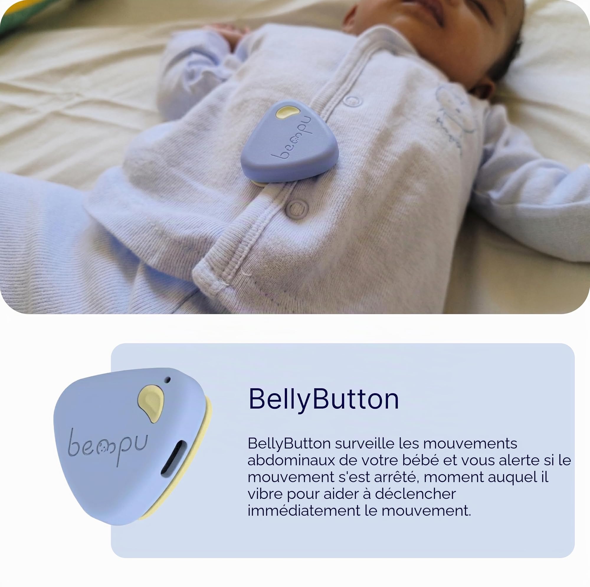 Bellybutton Moniteur de respiration intelligent pour bébé pour un sommeil plus sûr avec vibrations douces, notifications d'application, facile à clipser, portable, matériaux de qualité médicale