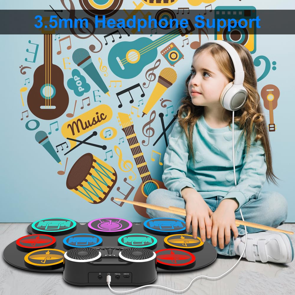 Schlagzeug Elektronisch, 9-Pad Digitales E Drum Set mit Lautsprechern/Kopfhöreranschluss, Tragbares Elektro Schlagzeug Kinder mit Bluetooth MIDI für Anfänger, 10 Stunden Laufzeit