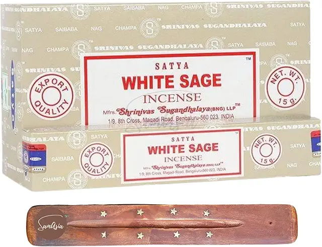 Satya Nag Champa White Sage Incense Sticks - 12 Pack with Holder