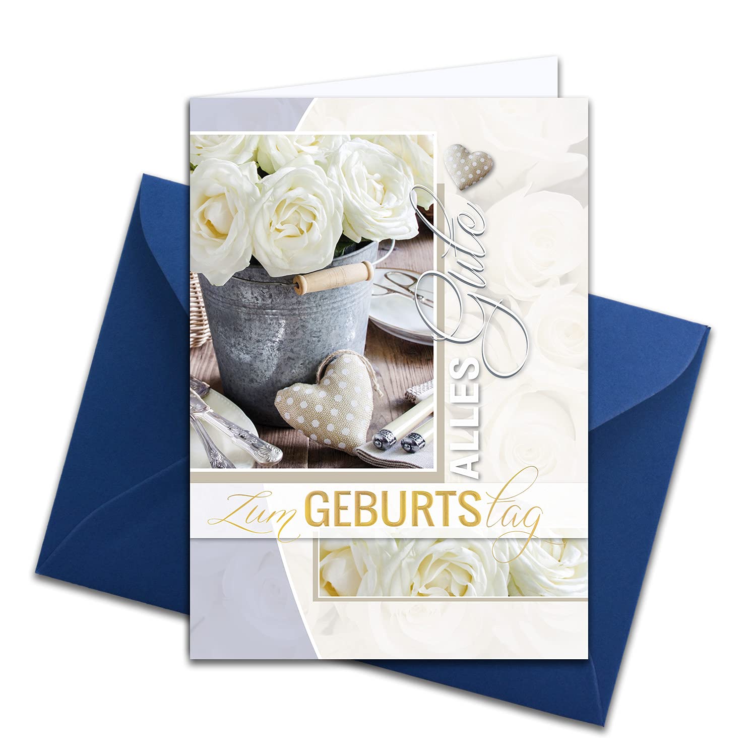 NEUSER PAPIER 5 tarjetas de felicitación XXL para cumpleaños, DIN A4, gran tarjeta de cumpleaños, juego con sobre grande DIN C4, rosas blancas
