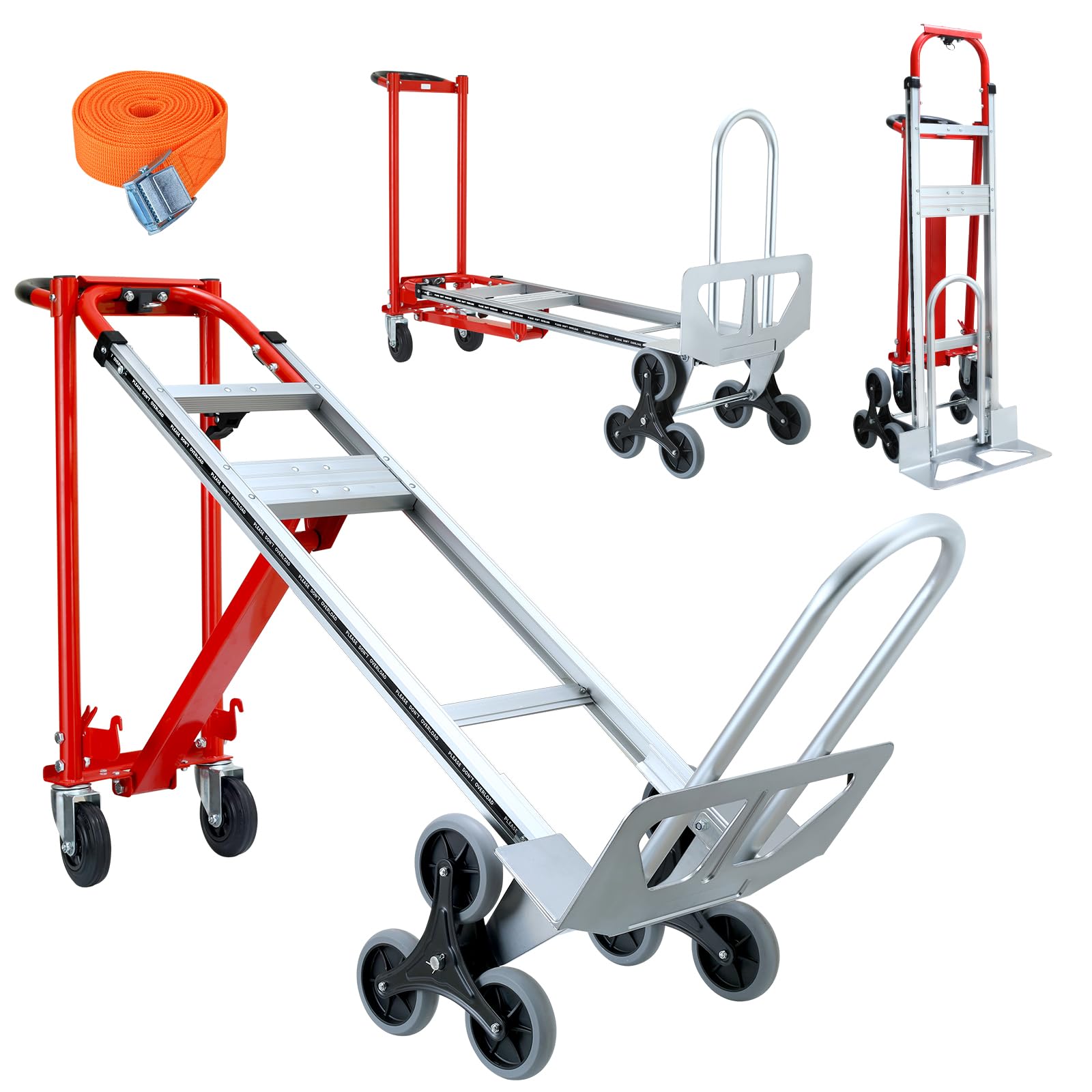 3 in 1 Industrial Convertible Hand Truck Dolly,1000 LBS Capacity Aluminum Hand Truck Dolly,Stair Climbing Hand Trucks Heavy Duty with Rubber Wheels for Moving,Transport(Red)