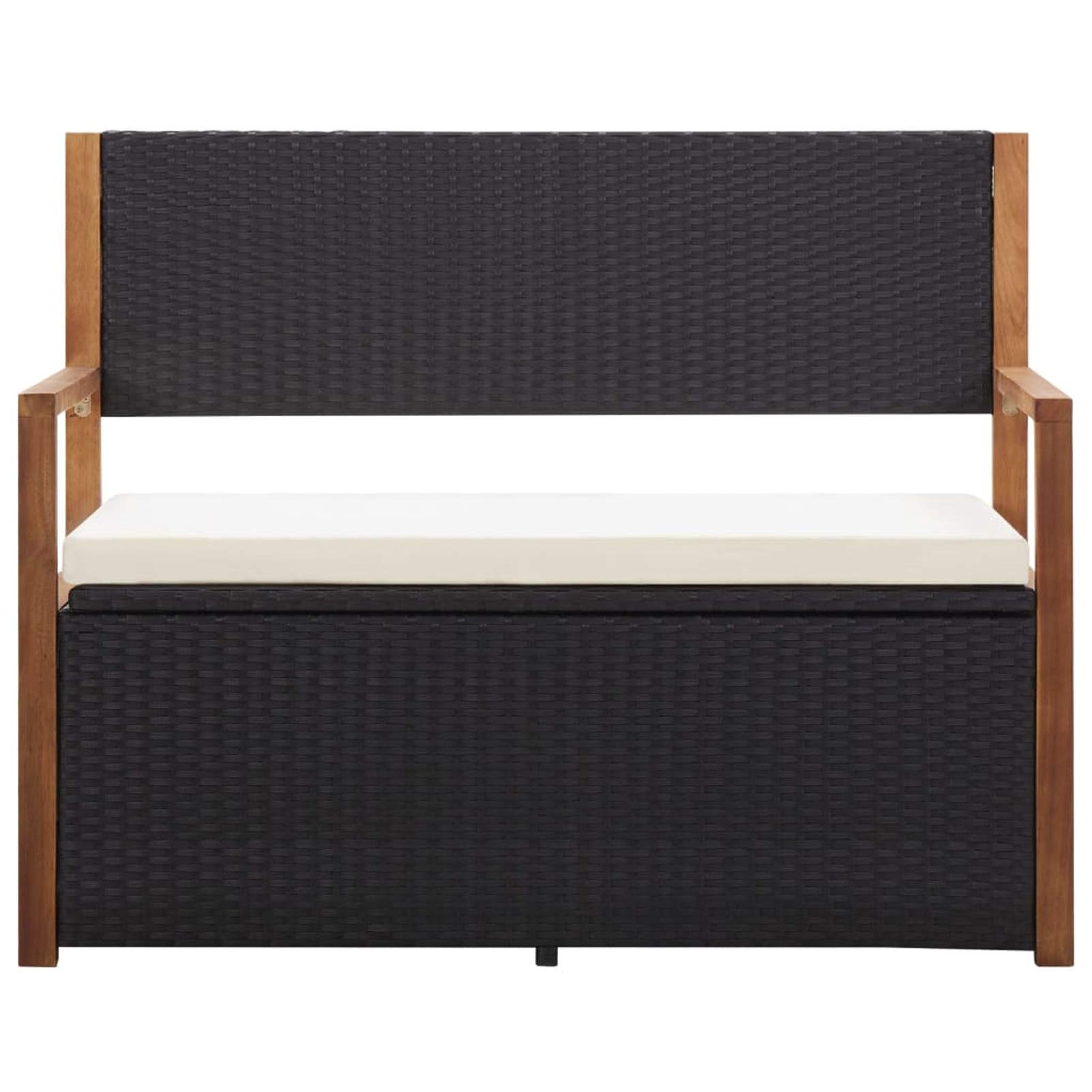 IKAYAA Banco de Jardín de Ratán Sintético Madera Acacia Banco de Exterior con Caja de Almacenaje y Respaldo para Patio Terraza Balcón 115 x 50 x 85 cm Negro