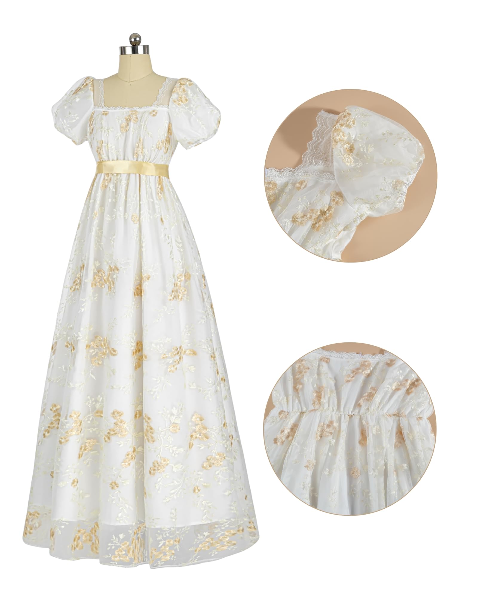 NSPSTT Women Regency Dresses Puff Sleeves Empire Waist Victorian Dresses Golden Long Dress Tea Party Gown with Gloves, XL - Image 4