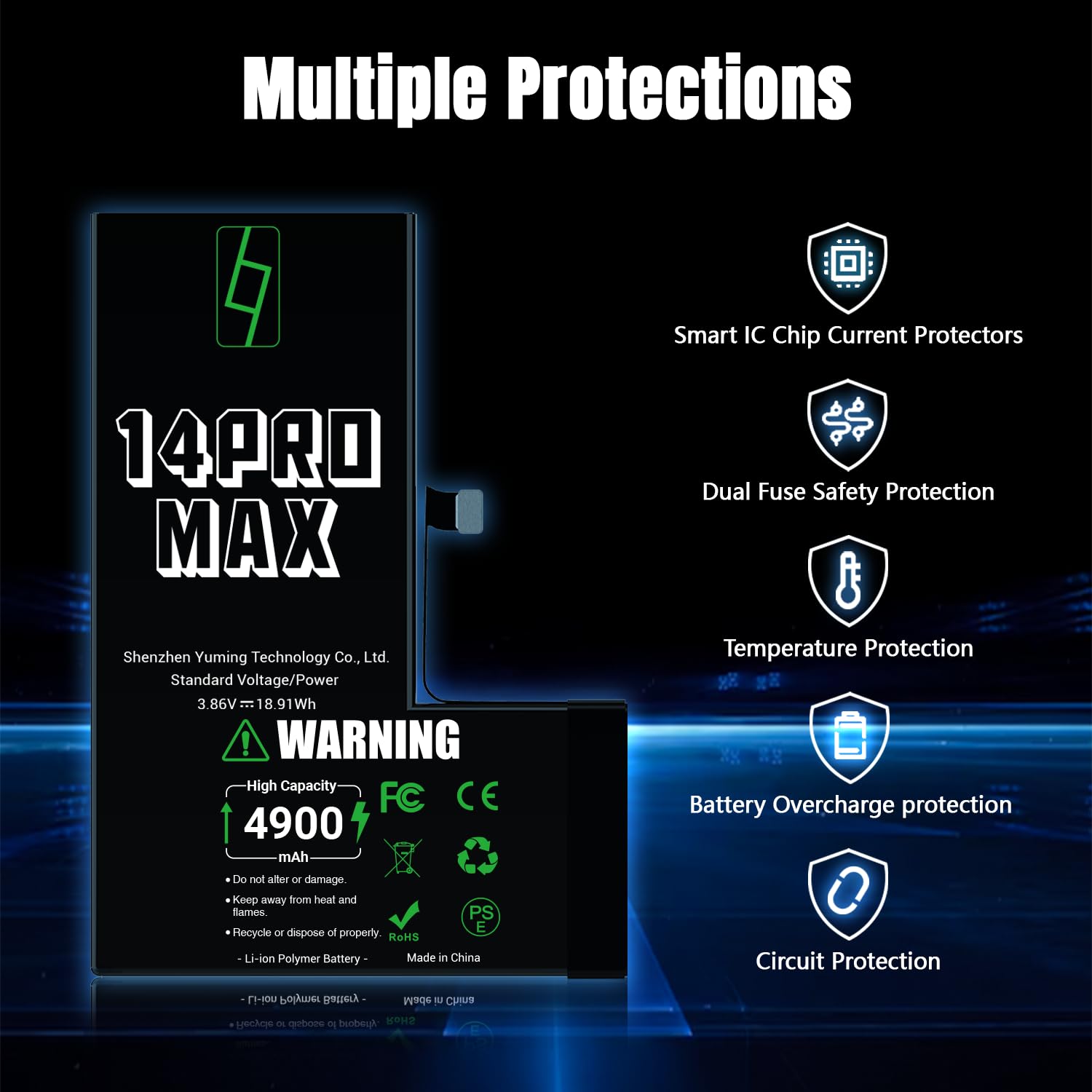 Batteria per iPhone 14 Pro Max, 4900mAh Alta Capacità, Compatibile con A2651 A2893 A2894 A2895 A2896, 0 Cicli, Kit di Riparazione Completo, Certificato CE/RoHS/FCC