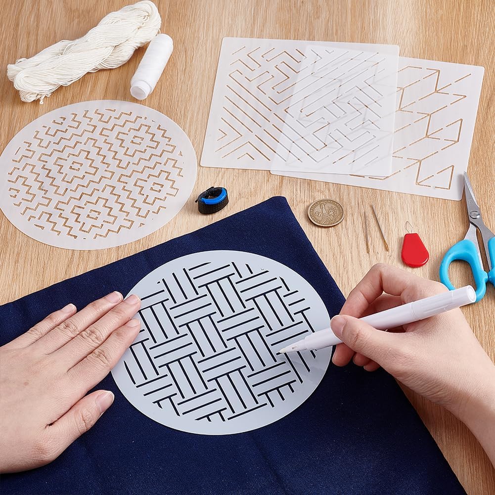 FREEBLOSS 4 Set Sashiko Bag Kit Sashiko Pouch Kit DIY Sashiko Bag Making Kit with PET Sashiko Stencil Sashiko Kit for Beginner Friendly Home Decoration Gift Ideas