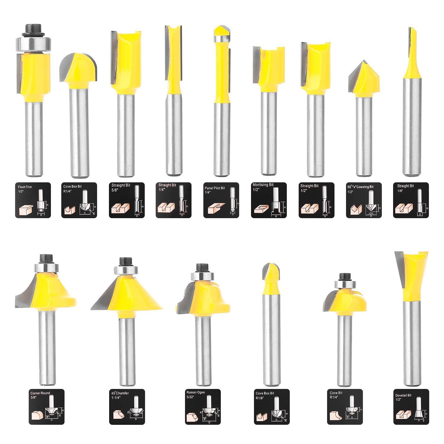 Fräsersatz HM 15tgl Schaft 6mm Nutfräser Profilfräser für Oberfräse Holzfräser Fräser Bit Set mit Schraubenschlüssel