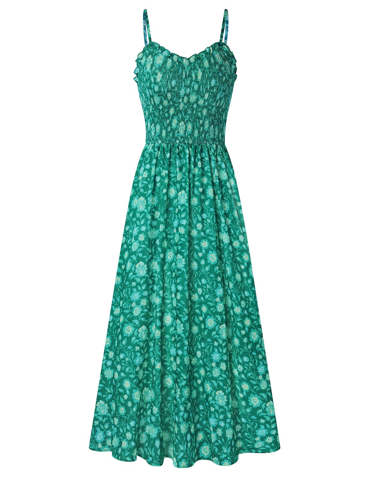 Kate Kasin Women's Green Floral Floral Sundress Summer Maxi Casual Beach Dress V-Neck Spaghetti Straps Smocked Dress Xxl