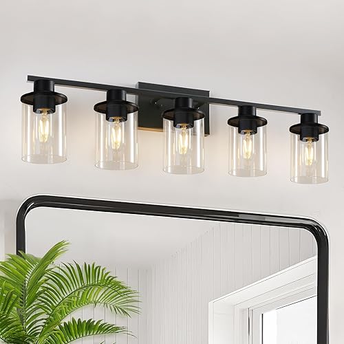 Miniatura 11 de LOUSACE Lámpara de tocador de baño de 4 luces, lámparas de baño negras mate, modernas luces de baño sobre espejo con pantalla de vidrio