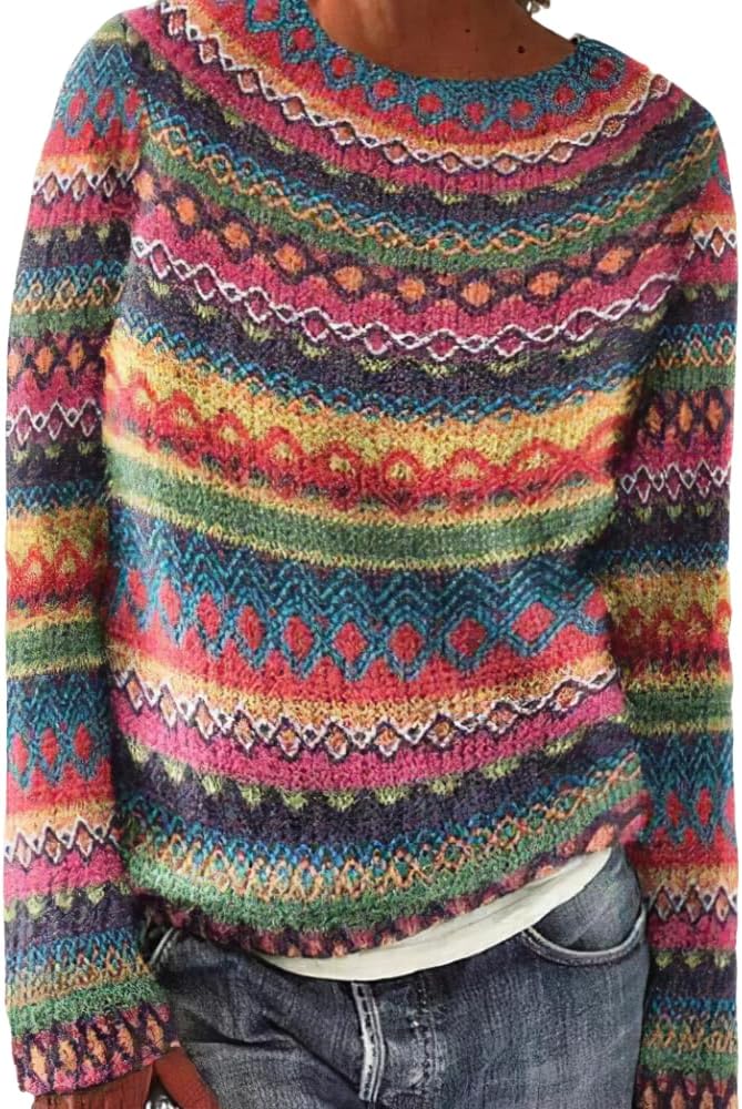 Women's Knitted Fair Isle Print Retro Sweater Casual Loose Crewneck Long Sleeve Lightweight Cropped Pullover Tops 2025