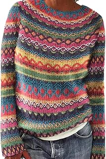Women's Knitted Fair Isle Print Retro Sweater Casual Loose Crewneck Long Sleeve Lightweight Cropped Pullover Tops 2025