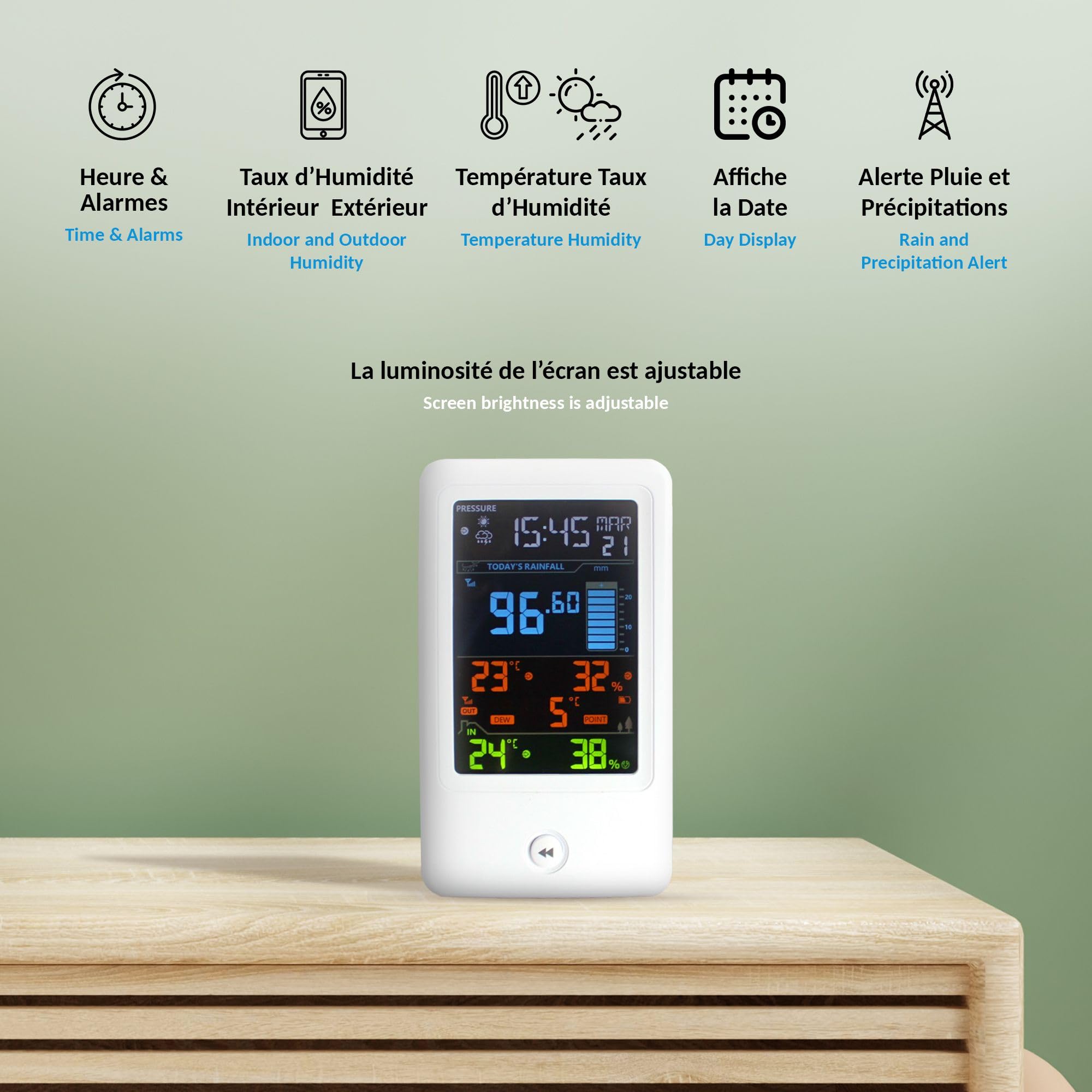 FISHTEC - Station Météo Intelligente Capteur Extérieur Écran LCD Ajustable Pluviomètre à Poser Affiche la Date, l'Heure, Température, l'Humidité, Prévoit Jauge Indication