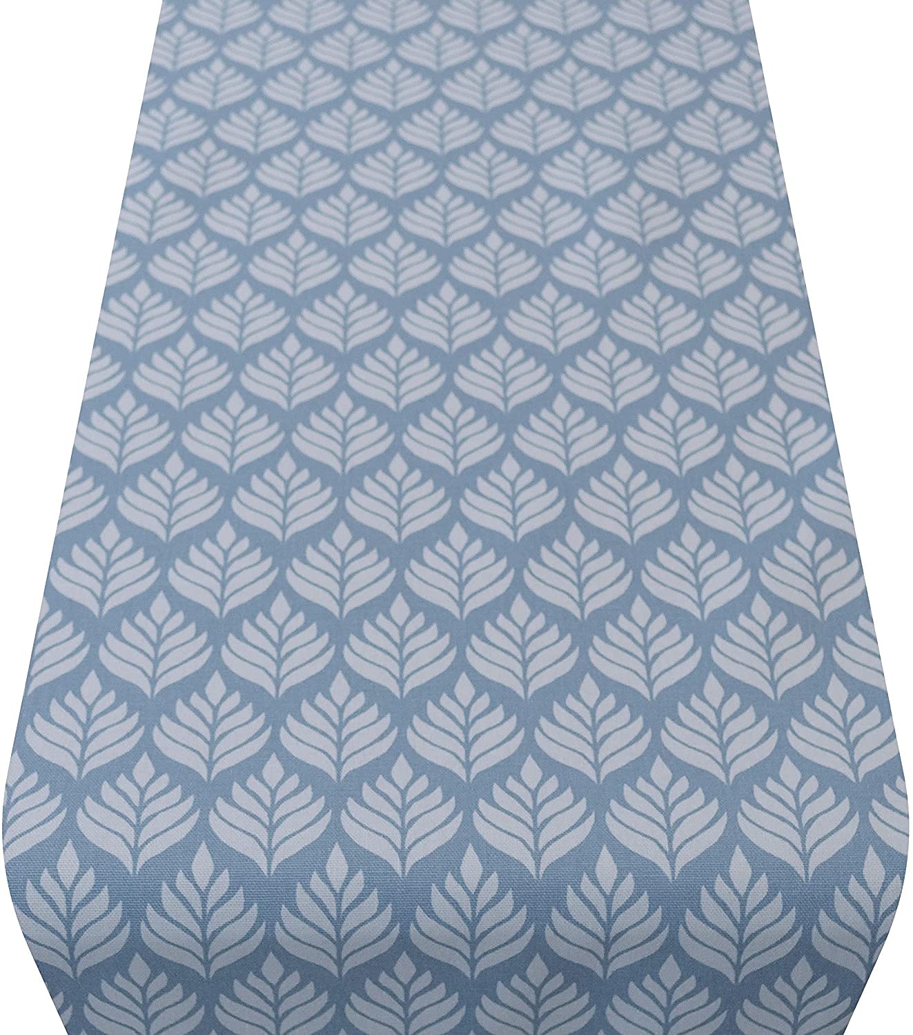 Linen Loft Scandi Leaf Table Runner in Cornflower Blue. Made from 100% Cotton. Dinner Party Table Decoration. Available in Two Sizes. (30cm x 230cm)