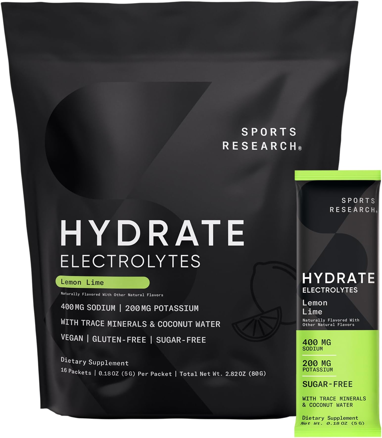 - Hydrate Electrolytes Powder Packets - Sugar-Free & Naturally Flavored with Vitamins, Minerals, and Coconut Water - Supports Hydration - 16 Packets - Lemon Lime