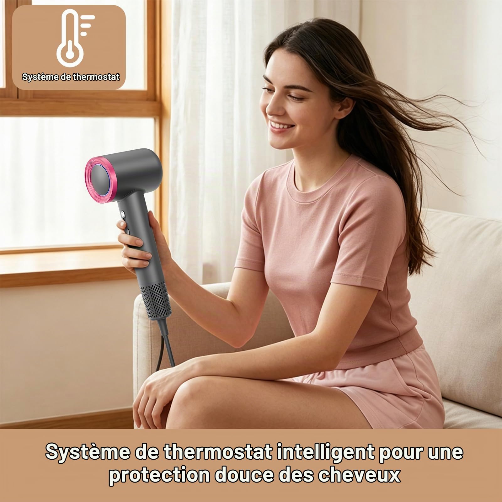 Sèche-Cheveux Ionique 110 000 tr/min, Séchage Rapide en 2 minutes, Technologie Anti-Frisottis à 300 millions d'anions, Silencieux 50 dB, 4 Réglages de Chaleur et 2 Vitesses