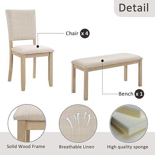 Miniatura 9 de LUMISOL Juego de mesa de comedor de 6 piezas con banco y sillas, juego de mesa de cocina de granja para 6 personas, juego de mesa y sillas de madera