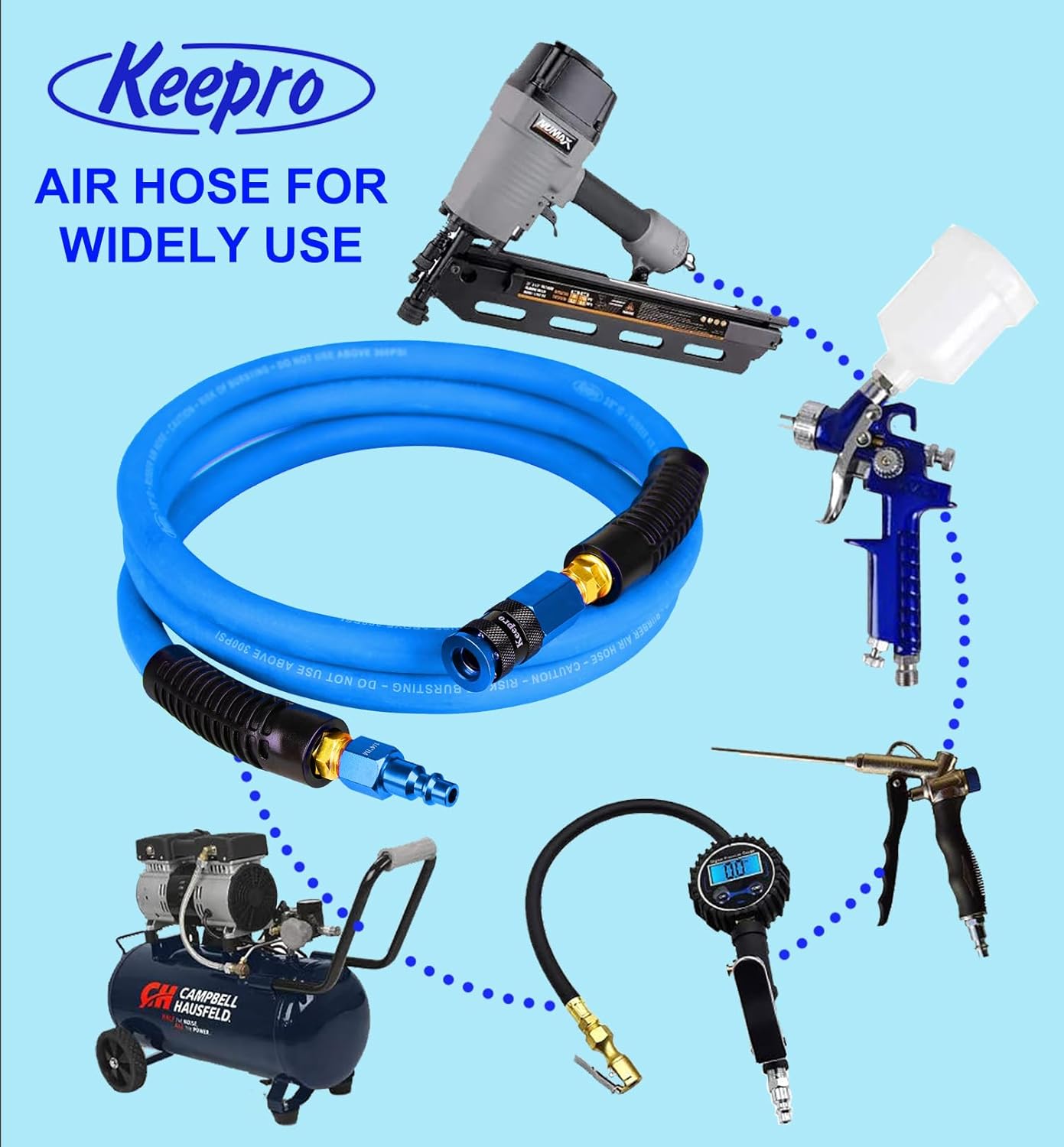 Keepro Rubber Lead in Air Hose, Durable Air Compressor Hose 3/8 Inch ID By 6 Feet Long with Swivel Universal Aluminium Quick Coupler and Plug, 300 PSI Maximum Pressure, Blue