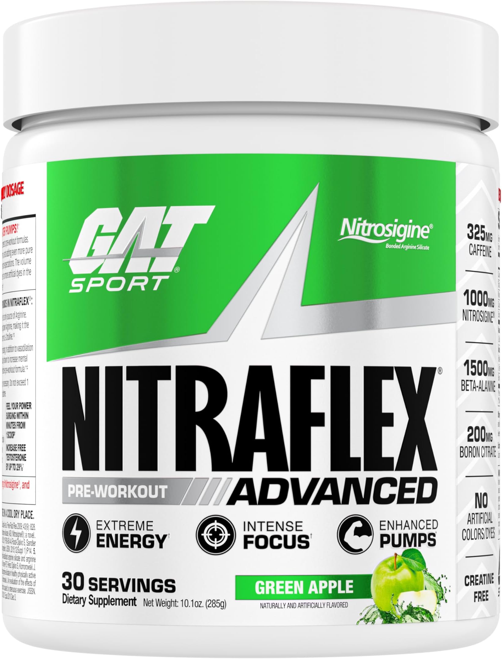 GAT SPORT Nitraflex Advanced Pre-Workout Powder, Increases Blood Flow, Boosts Strength and Energy, Improves Exercise Performance, Creatine-Free (Green Apple, 30 Servings)