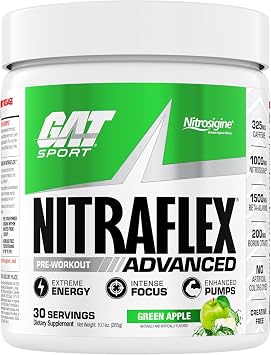 GAT SPORT Nitraflex Advanced Pre-Workout Powder, Increases Blood Flow, Boosts Strength and Energy, Improves Exercise Performance, Creatine-Free Green Apple, 30 Servings