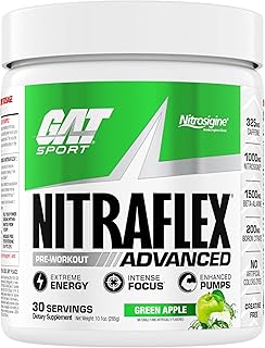 GAT SPORT Nitraflex Advanced Pre-Workout Powder, Increases Blood Flow, Boosts Strength and Energy, Improves Exercise Performance, Creatine-Free (Green Apple, 30 Servings)