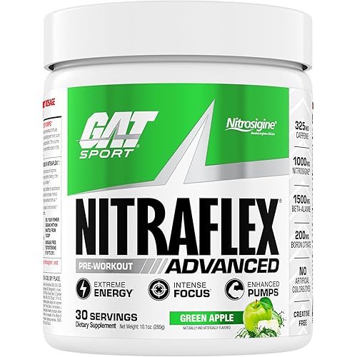GAT SPORT Nitraflex Advanced Pre-Workout Powder, Increases Blood Flow, Boosts Strength and Energy, Improves Exercise Performance, Creatine-Free (Green Apple, 30 Servings)