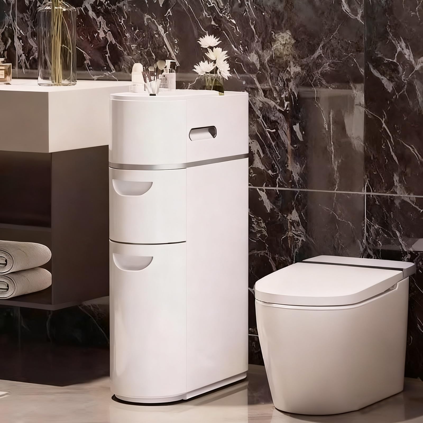 PAKMEZ Kleiner Badezimmer Aufbewahrungsschrank, mit Schubladen aus Kunststoff, Platzsparende Lösung, Organizer, Badezimmer, Wohnzimmer, Küche, Flur(18 * 41 * 64cm/7 * 16 * 25in)