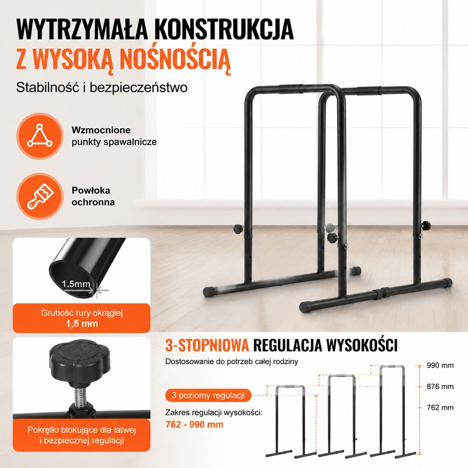 Stacja do dipów z regulowaną wysokością, poręcze równoległe, stojak do pompek i treningu siłowego w domowej siłowni