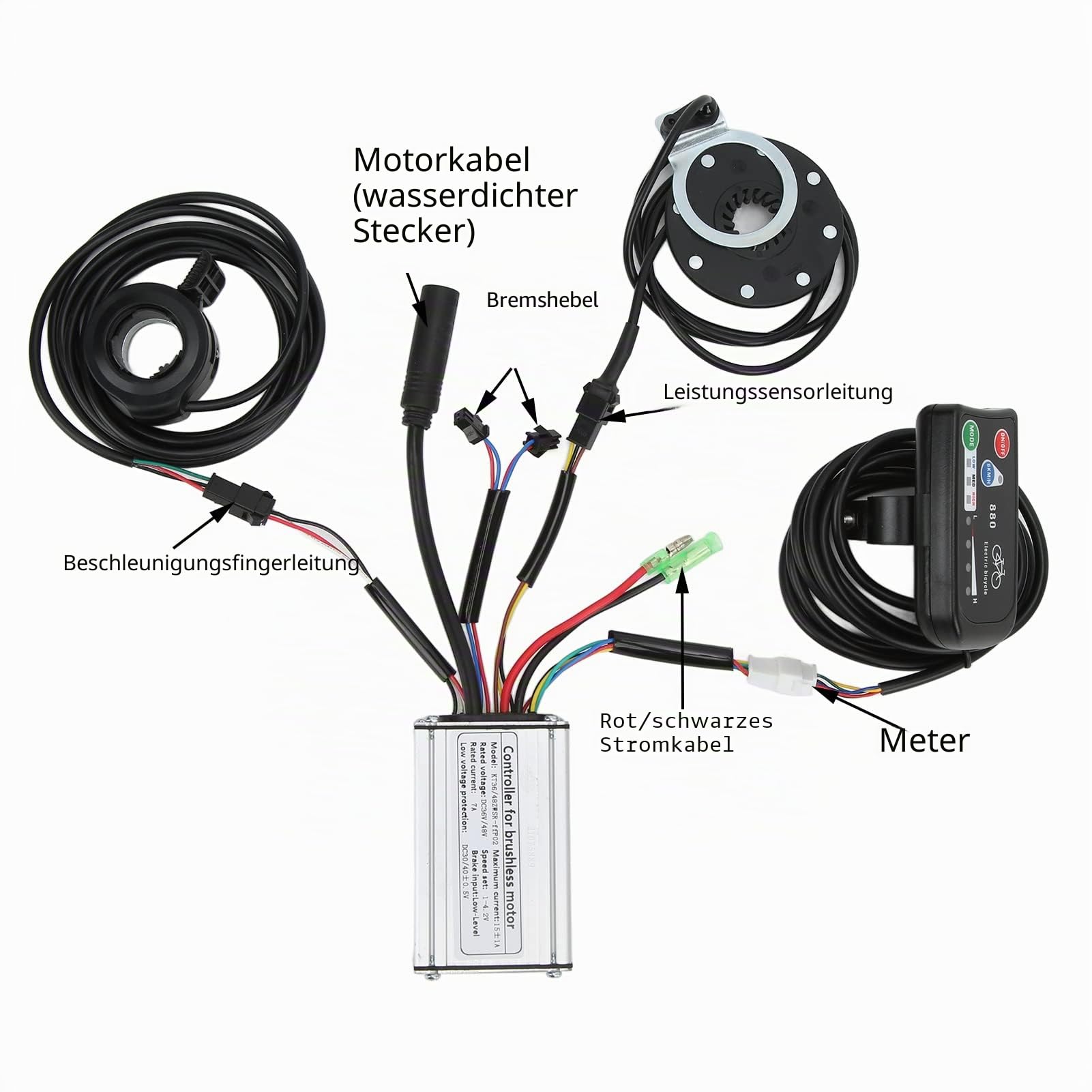 BuyWeek Elektrofahrrad Brushless Motor Controller Kit, 36V 48V 15A Rechteckwellen Controller LED880 Display Meter 130X Daumengas Kit für 250W Brushless Motor