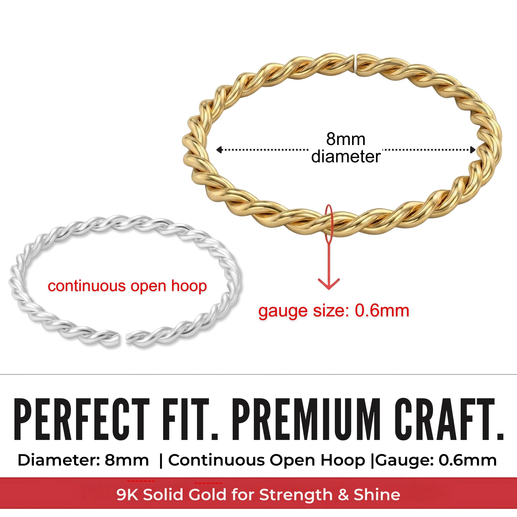 Monster Piercing Nasenpiercing Nasenring 9K Gold 22 Gauge - 8MM Durchmesser nahtlos offen gedrehtes Seil Nasenring Nase Piercing Frauen Männer Weißgold Rotgold Gelbgold