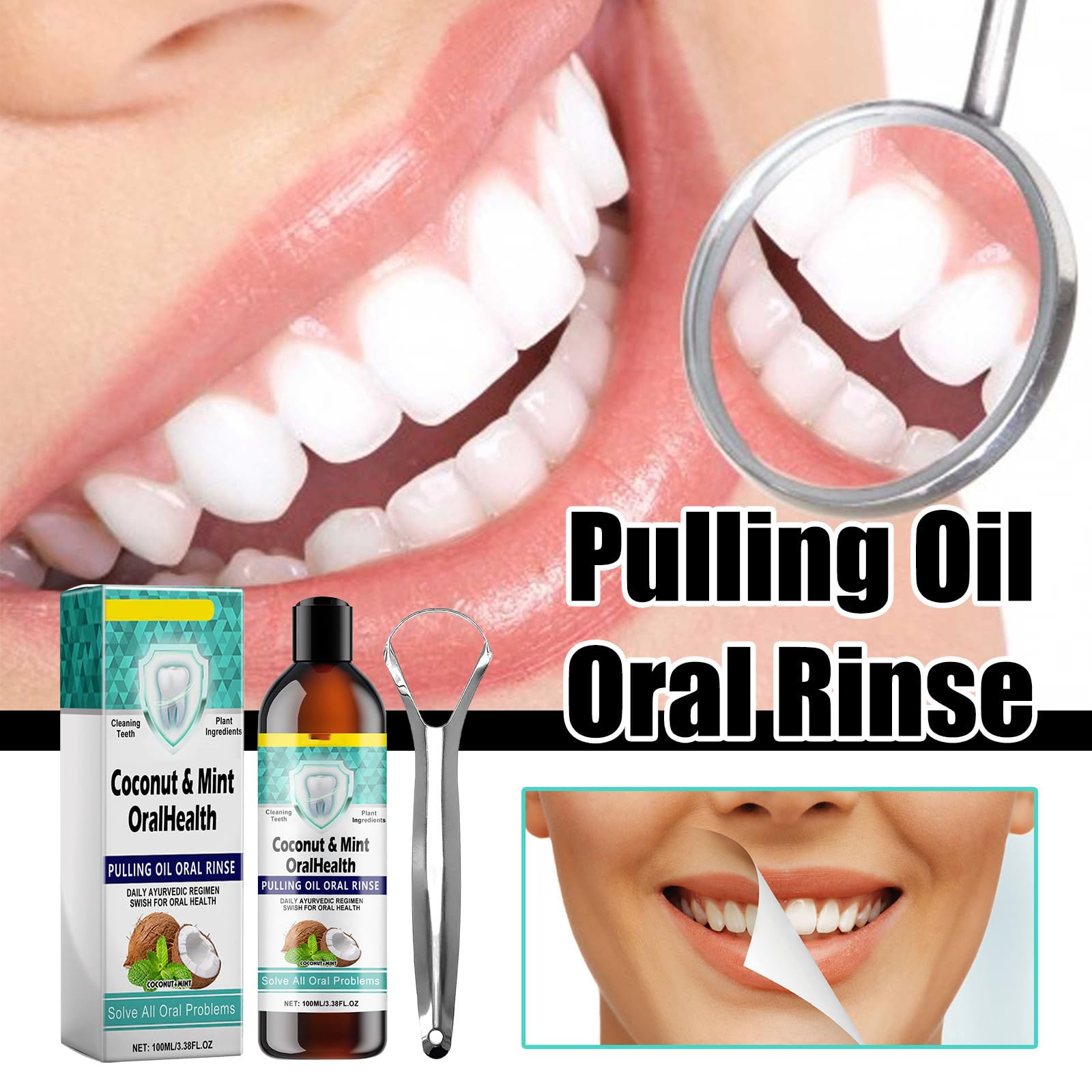 Enjuague bucal con aceite de coco - Enjuague bucal con aceite de coco para el cuidado bucal - Colutorio natural para combatir la placa y el mal aliento - con raspador de lengua para (8 botellas)