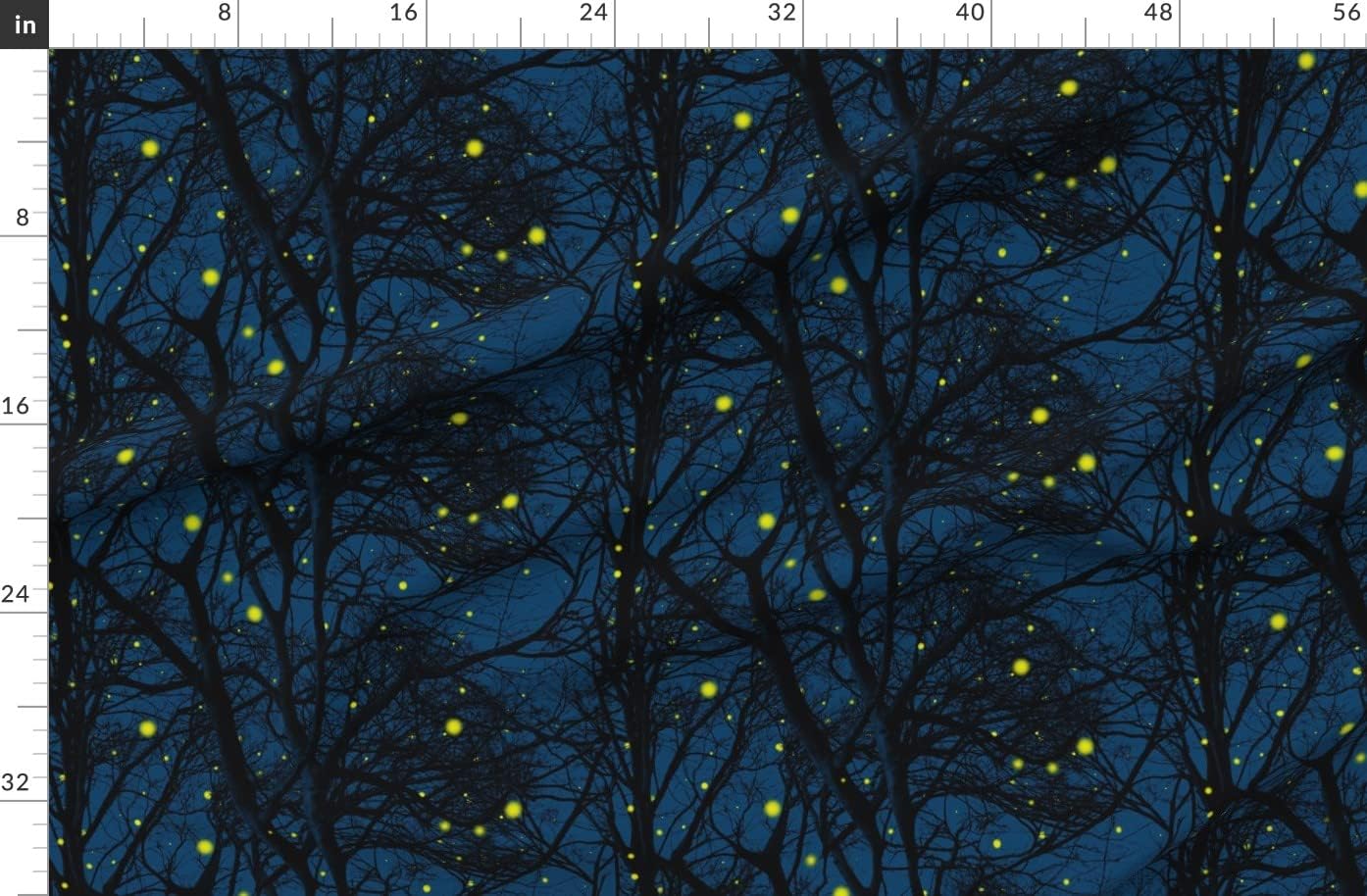 Spoonflower Fabric - Summer Magic Fireflies Trees Lightning Bug Blue Chartreuse Tree Printed on Organic Cotton Sateen Fabric by The Yard - Sewing Quilting Apparel Home Decor