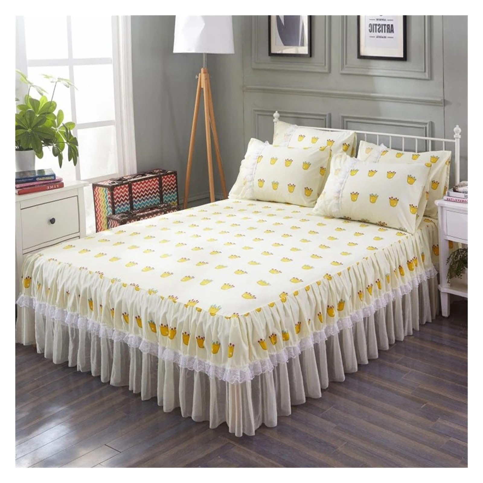 Bed Skirt Pillowcase Bed Set Ruffle Three Layers Lace Bedspreads Sheet Soft Fitted Sheet Cover(15,2pcs pillowcase)