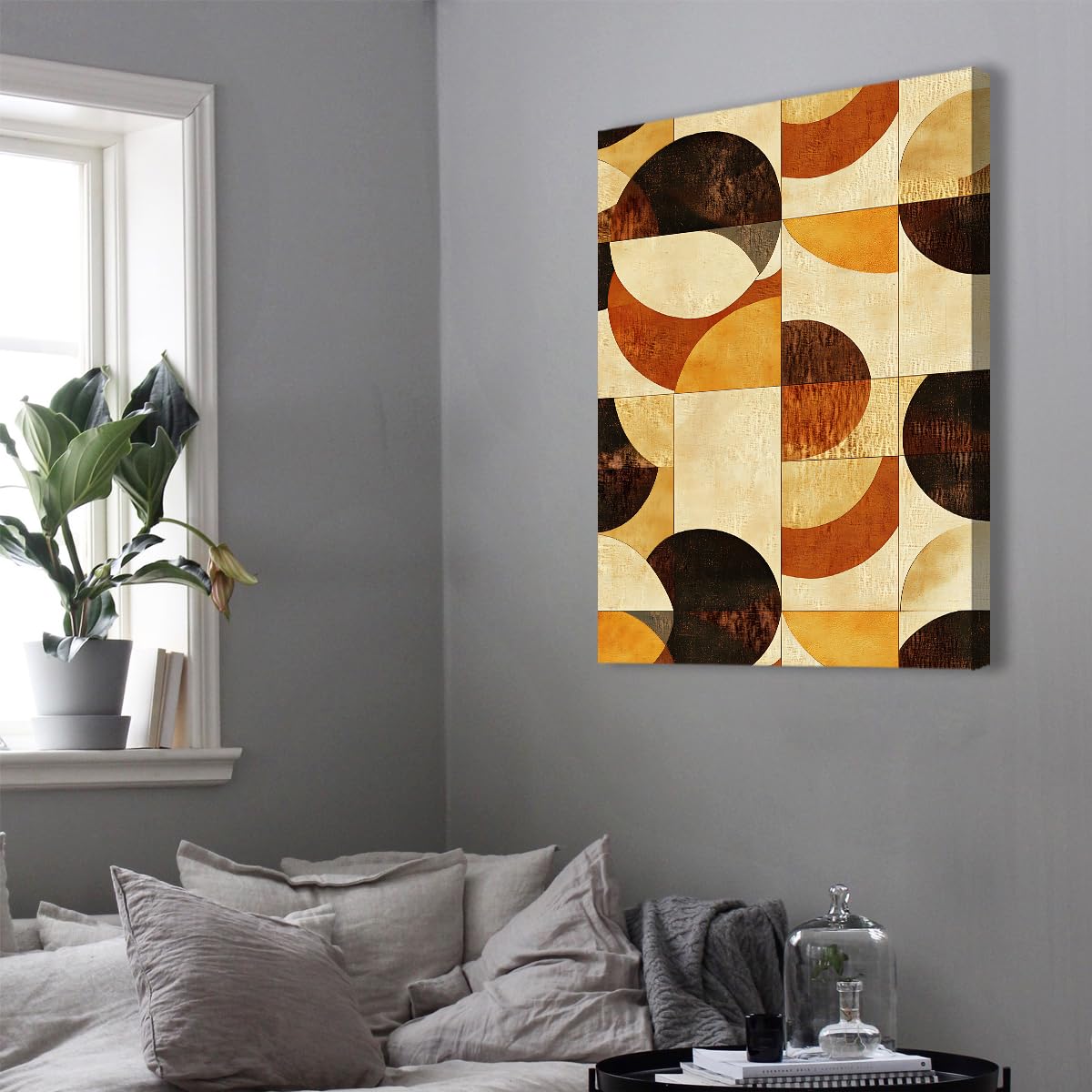 Cuadros en Lienzo Sin Marco Geometría Marrón, Pintura al Óleo Semicírculo Rétro Nórdico Contemporáneo para Salón Hogar 65x95cm