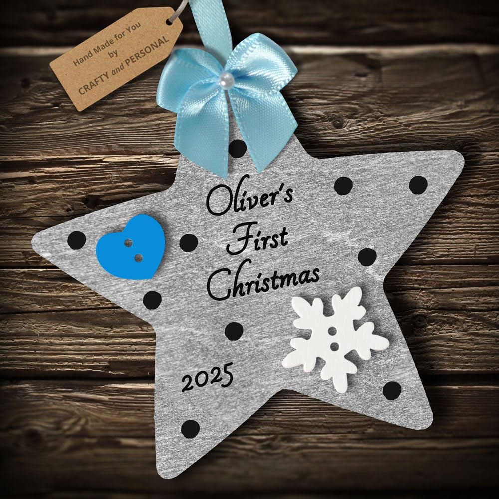 Multi-Colour Personalised Baby's First 1st Christmas Bauble Star tree decoration gift wooden hanging ornament keepsake for boy or girl (Silver #3)