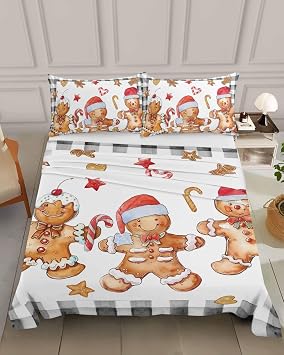 King Size Top Sheet Only, Christmas Vintage Gingerbread on White Flat Sheet Microfiber Breathable Soft Bed Sheets, White Black Buffalo Plaid Hotel Bedding Flat Sheets for Bedroom