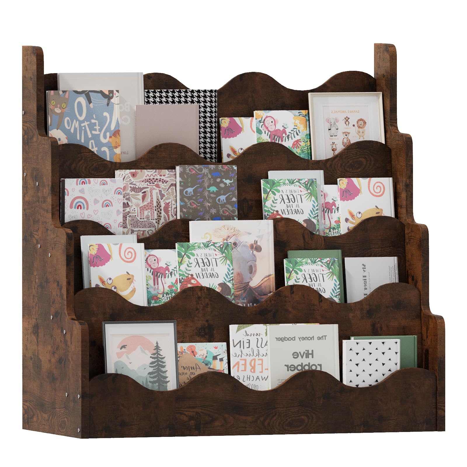 KEEPREAPER Kinder Bücherregal aus Kieferholz, Montessori Kinderregal mit 4 Ablagen, für Kinderzimmer Spielzimmer, 80x38x80cm (Braun-Welle)
