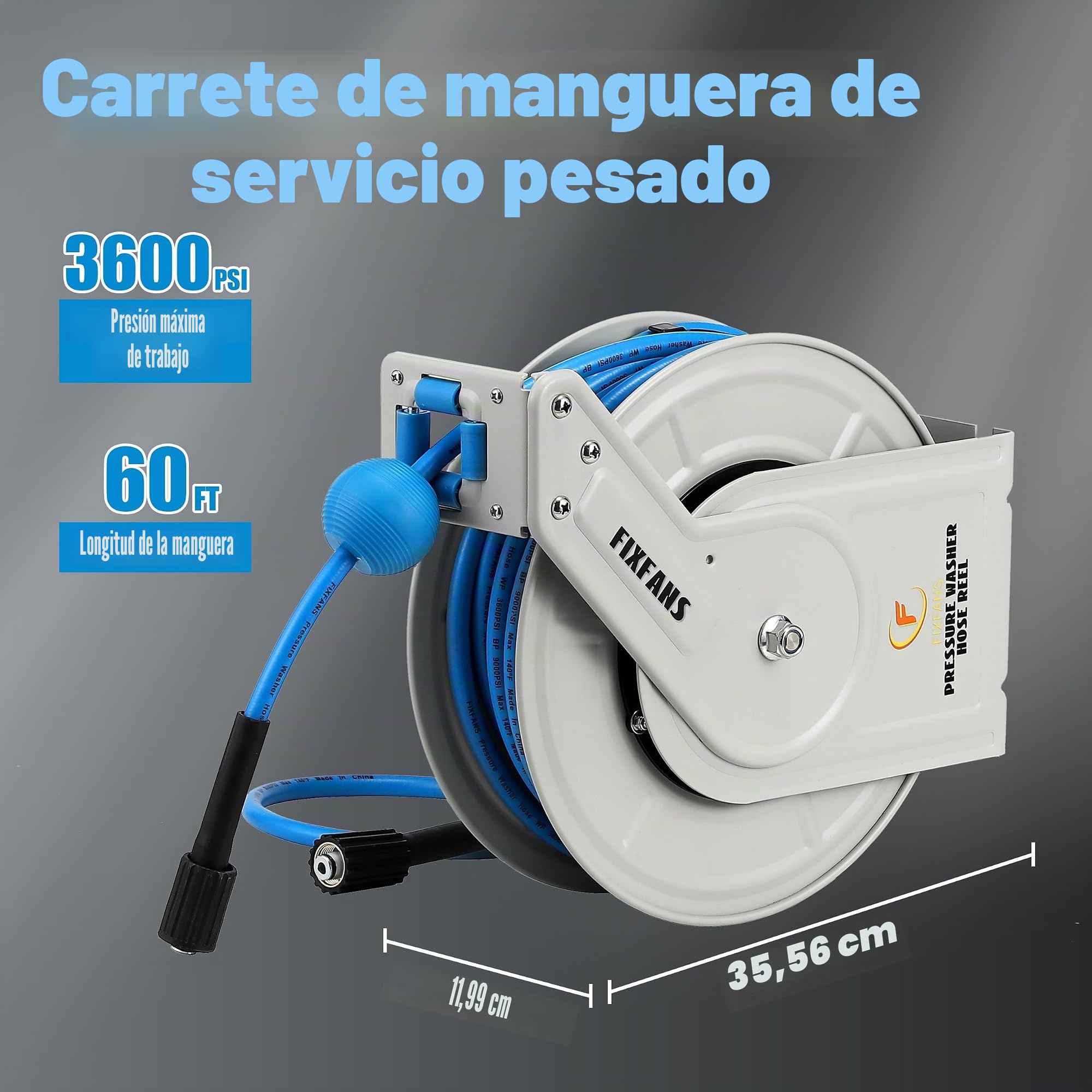 FIXFANS Carrete de manguera de lavado a presión con manguera, carrete de manguera retráctil de 1/4 pulgadas × 60 pies, carrete de manguera resistente, rebobinado automático, montado en la pared, 3600