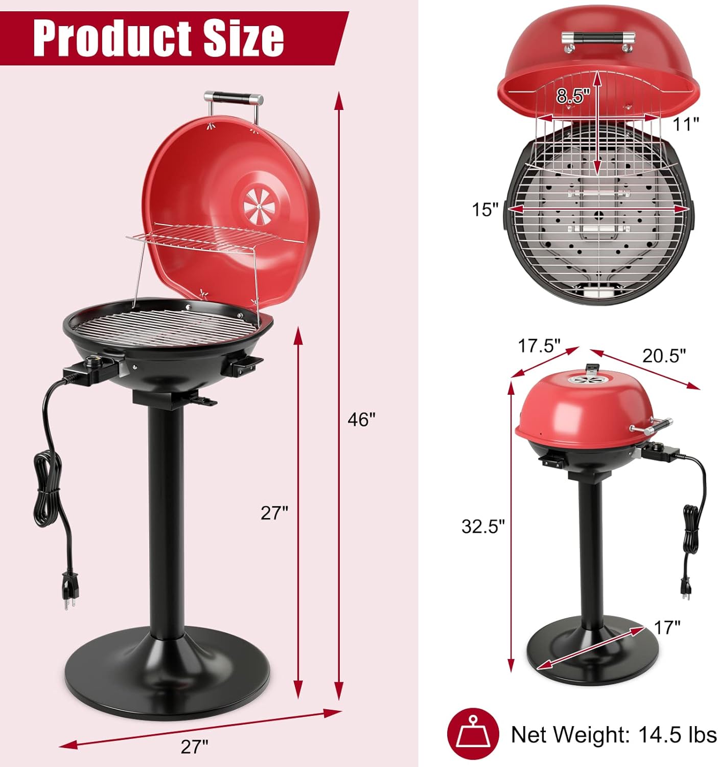 Giantex Electric BBQ Grill 1600W, Removable Non-Stick Grill Rack, Warming Rack, Oil Drip Tray, Adjustable Temperature, Portable Outdoor Electric Grill for Camping Picnic Tailgating, Red & Black