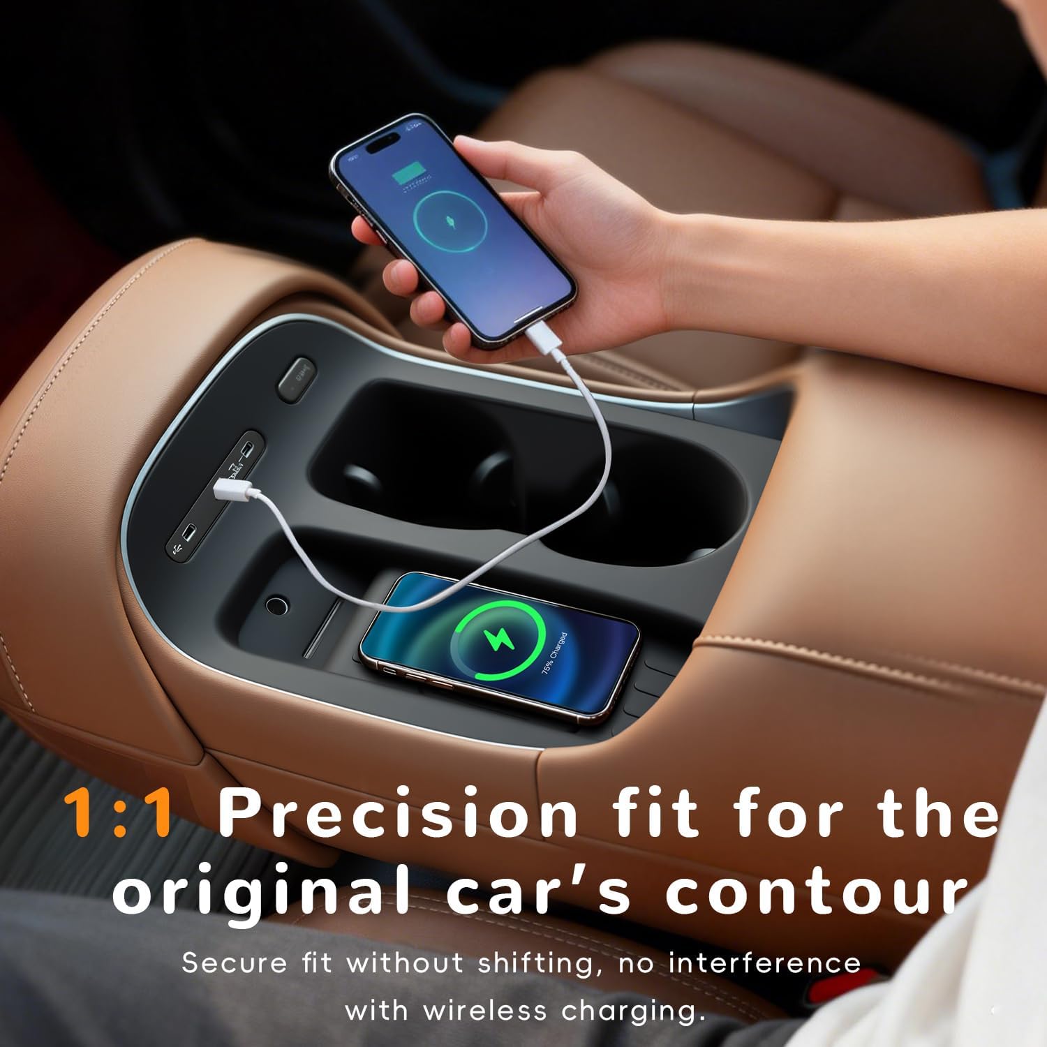 Auovo 2-in-1 Cup Holder & Wireless Charging Mat Compatible with 2026 Hyundai Palisade Accessories Center Console Organizer Silicone Cup Holder Insert Wireless Charging Protective Pad Black Interior image 4