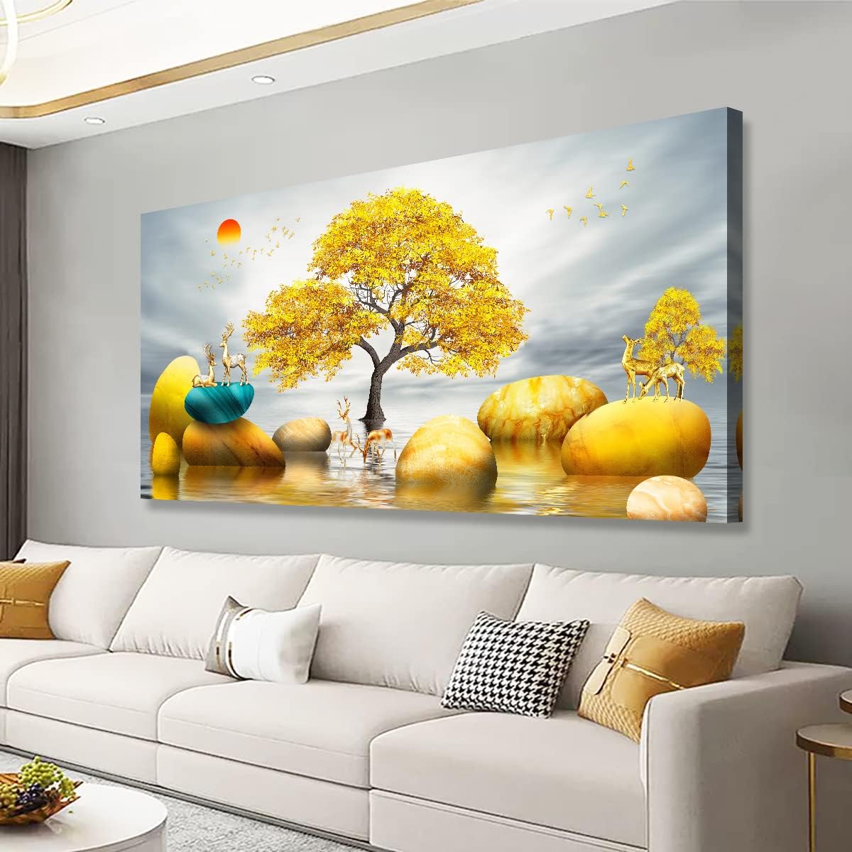 SiGuTie Abstract Yellow Tree and Stones in Lake Picture for Living Room and Bedroom,Black and White Wall Art Canvas Print,Office Wall Decor and Home Decoration with Deer Natural Print 20x40inches x 1pcs(50x100cm x 1pcs) Abstract Yellow Tree and Stones in