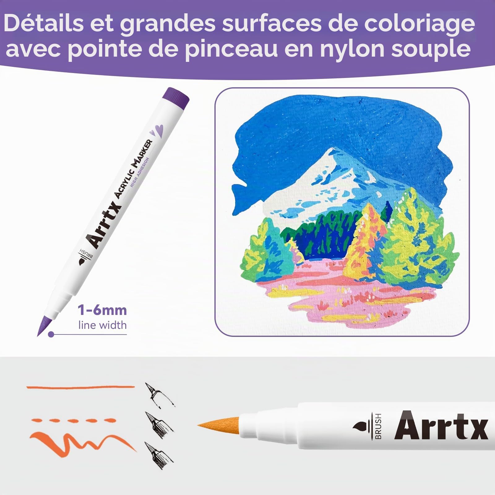 Arrtx Feutre Acrylique 48 couleurs, Marqueurs Acryliques à pointe pinceau pour la peinture de roches, verre, pierre, bois, tissu céramique