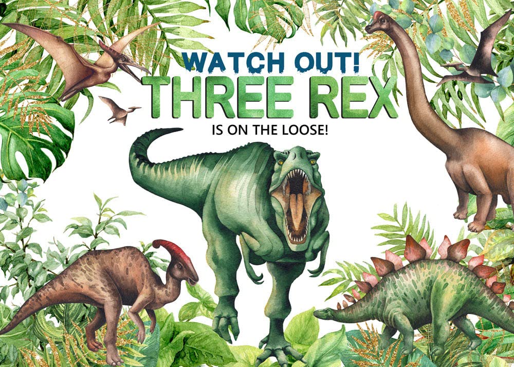 AvezanoThree Rex Birthday Backdrop for Kids Dinosaur Theme 3rd Birthday Party Decorations Banner Supplies Photo Booth Prop (Green, 7x5ft)