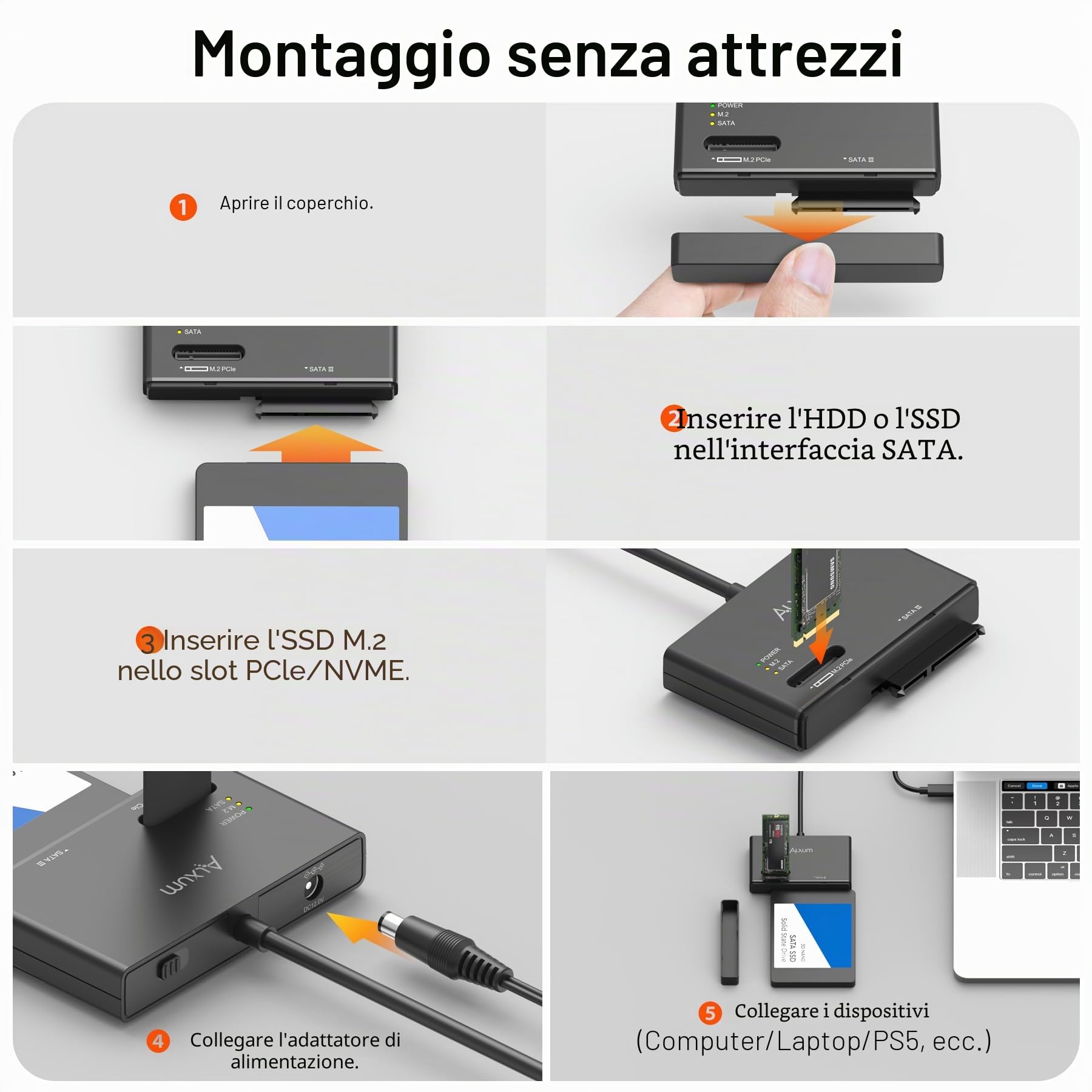 Alxum USB C a NVMe M.2 e SATA HDD/SSD Enclosure, M.2 a SATA Adapter Supporto 10Gbps Trasferimento dati, Include 12V/2A Alimentazione