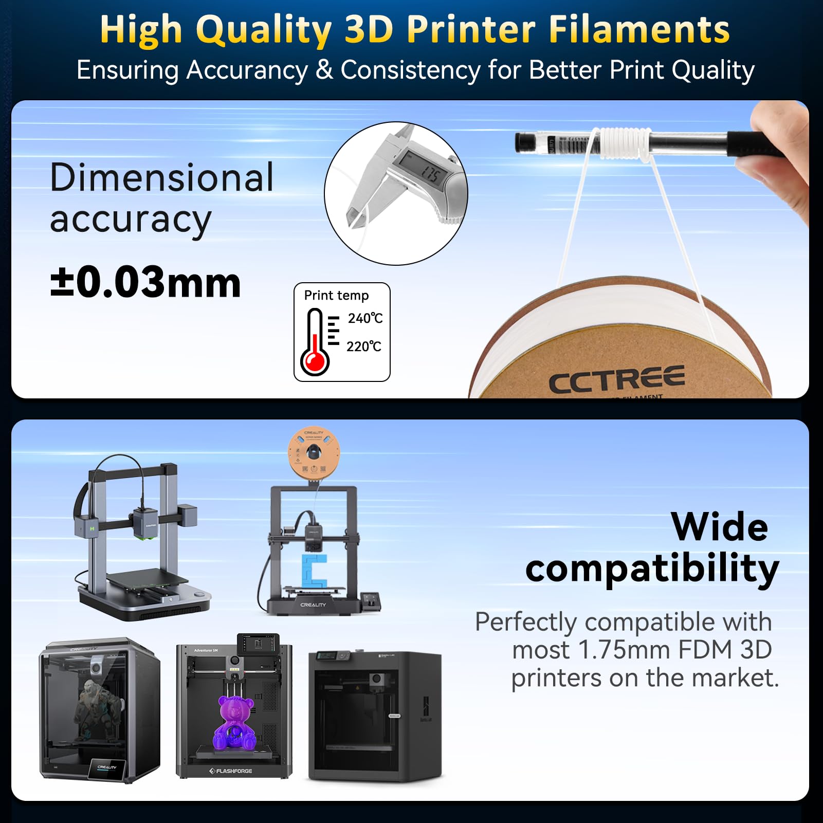 CCTREE Filament TPU flexible de 1,75 mm pour impression 3D, 1 kg, précision dimensionnelle +/- 0,03 mm, dureté Shore 100 A, filament TPU flexible compatible avec la plupart des imprimantes 3D FDM